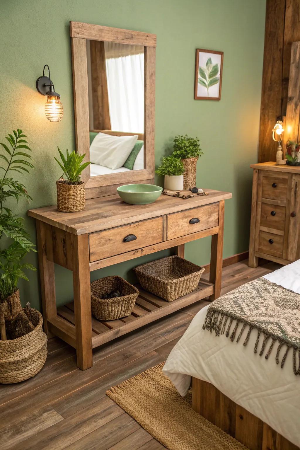 An eco-conscious makeup table featuring rustic charm.