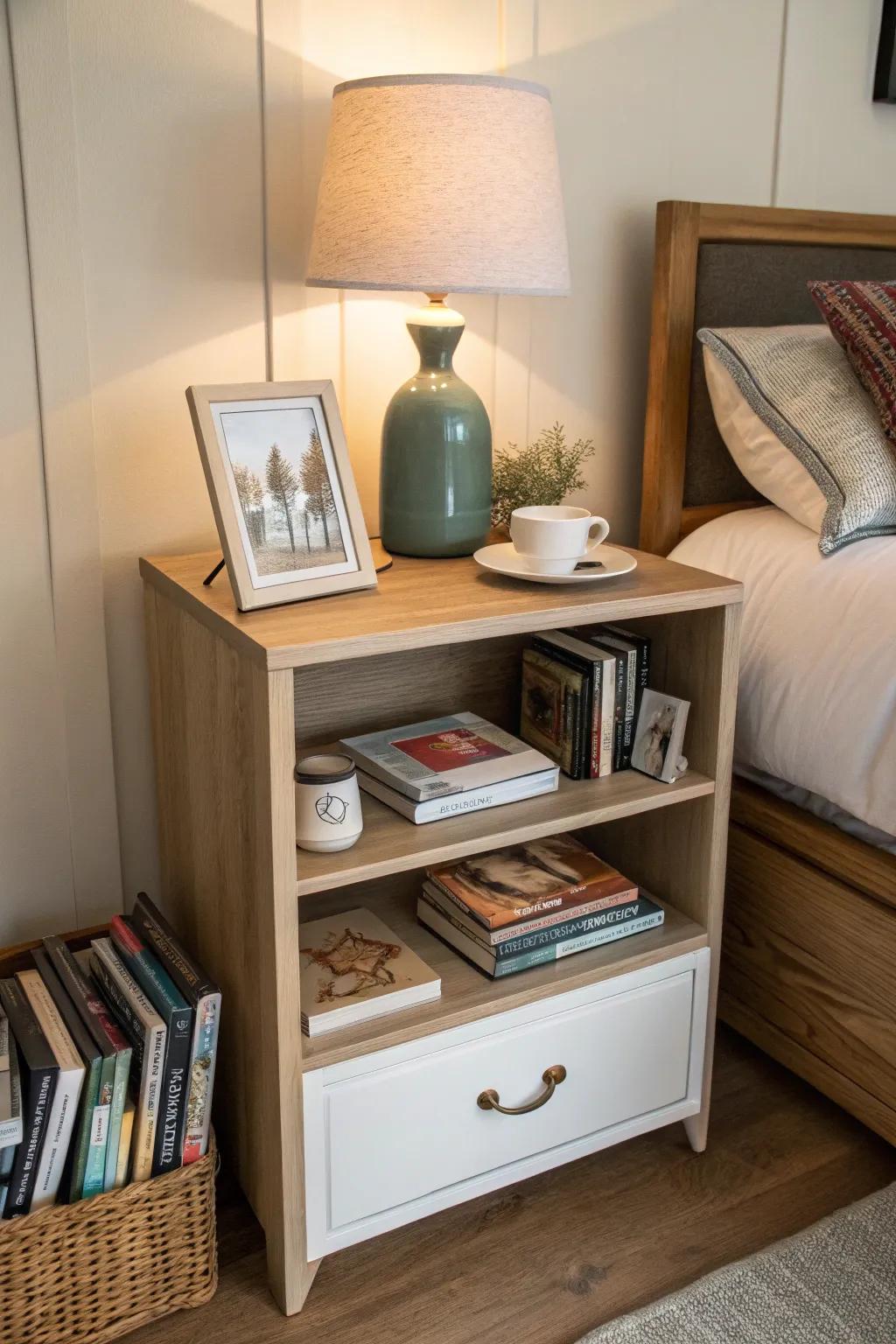 Functional storage maintains your bedside neat and organized.