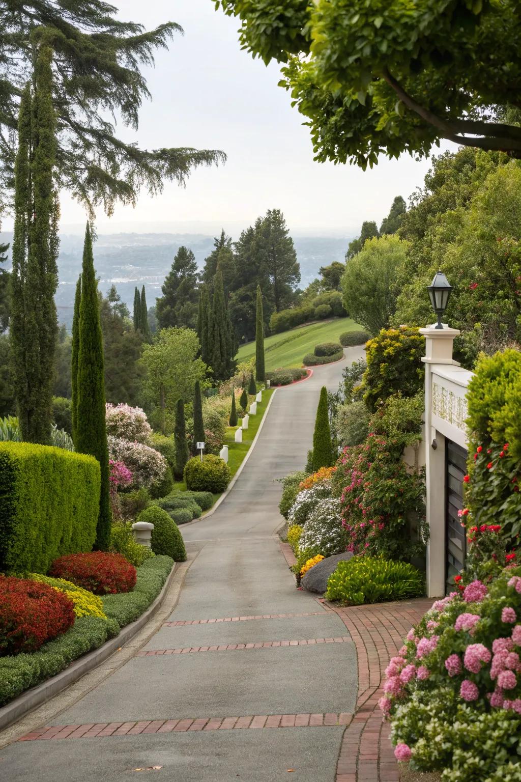 A driveway beautifully blended with lush vegetation for enhanced curb charm.