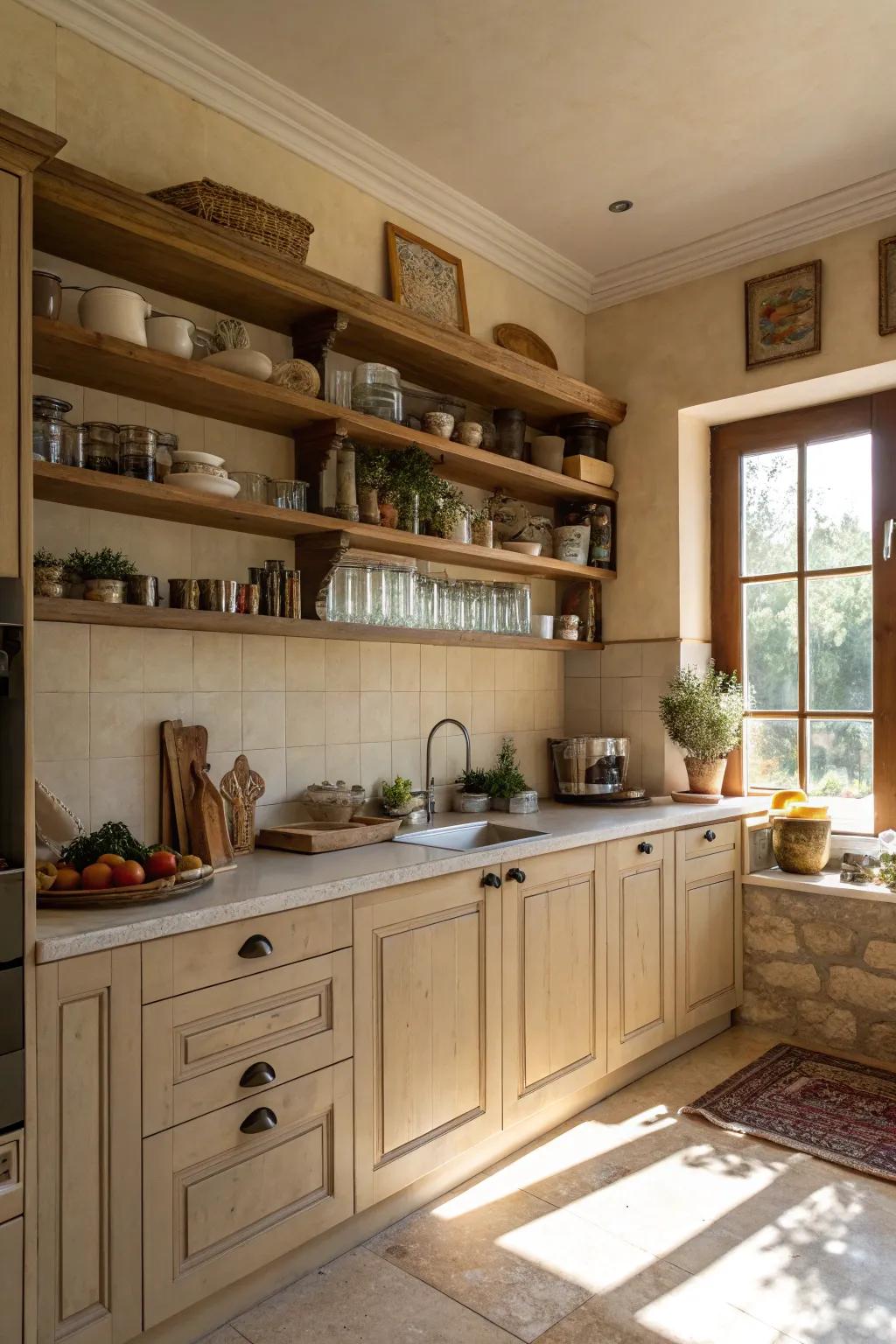 Display shelving accommodates personalization and practicality.
