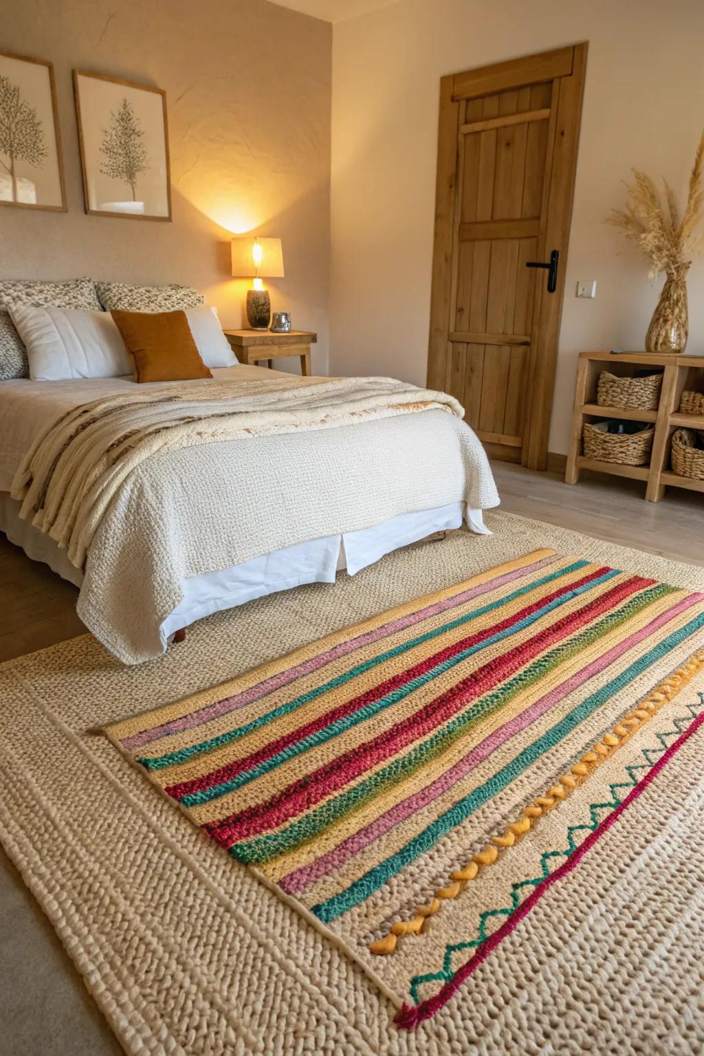 Layered rugs introduce visual intrigue and texture to a bedroom featuring a beige carpet.