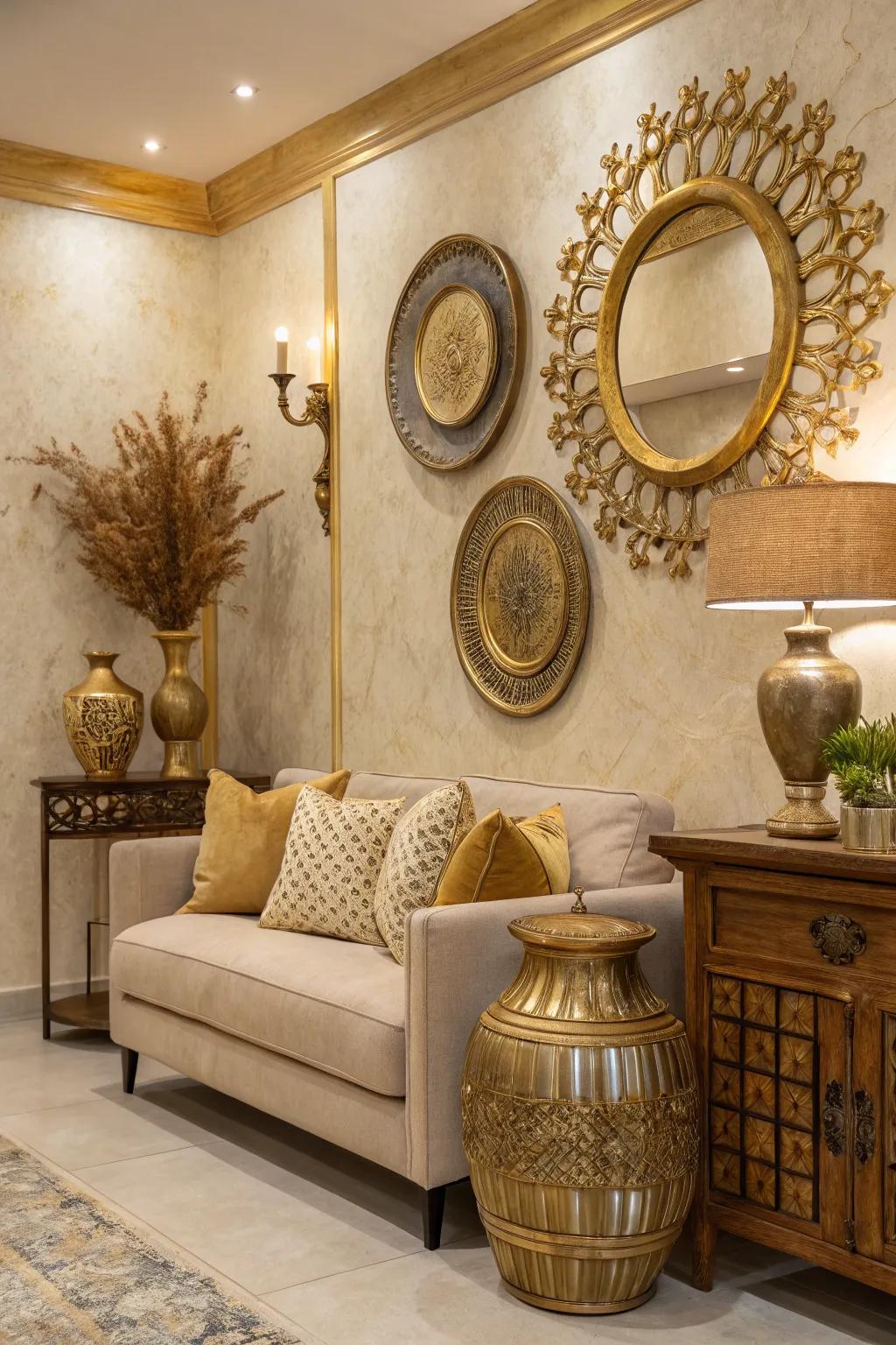 Metallic touches bring a glimmering layer of glamour to this beige-themed setting.