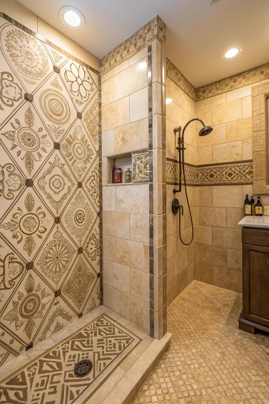 Patterned tiles bring a playful touch to a beige shower.