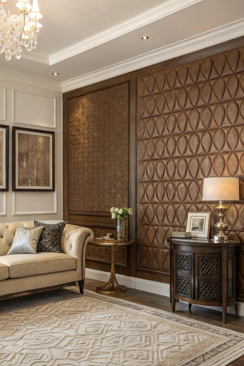 Refined character with a textured brown accent wall.