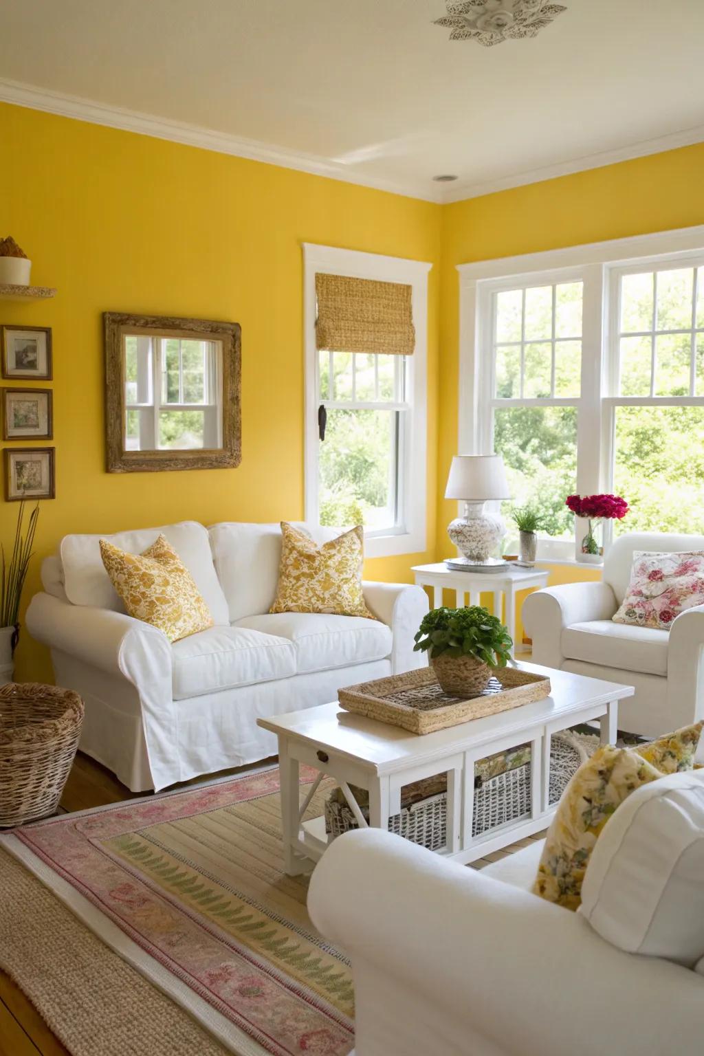 Bright gold walls bring warmth and happiness into the room.