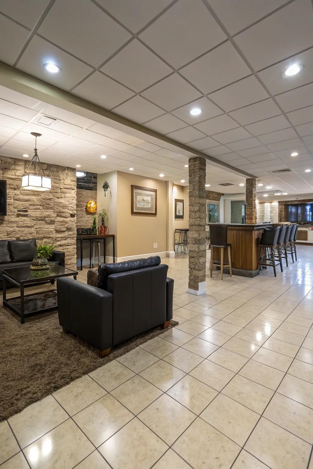 Hard surface flooring offers versatility and style to basement interiors.