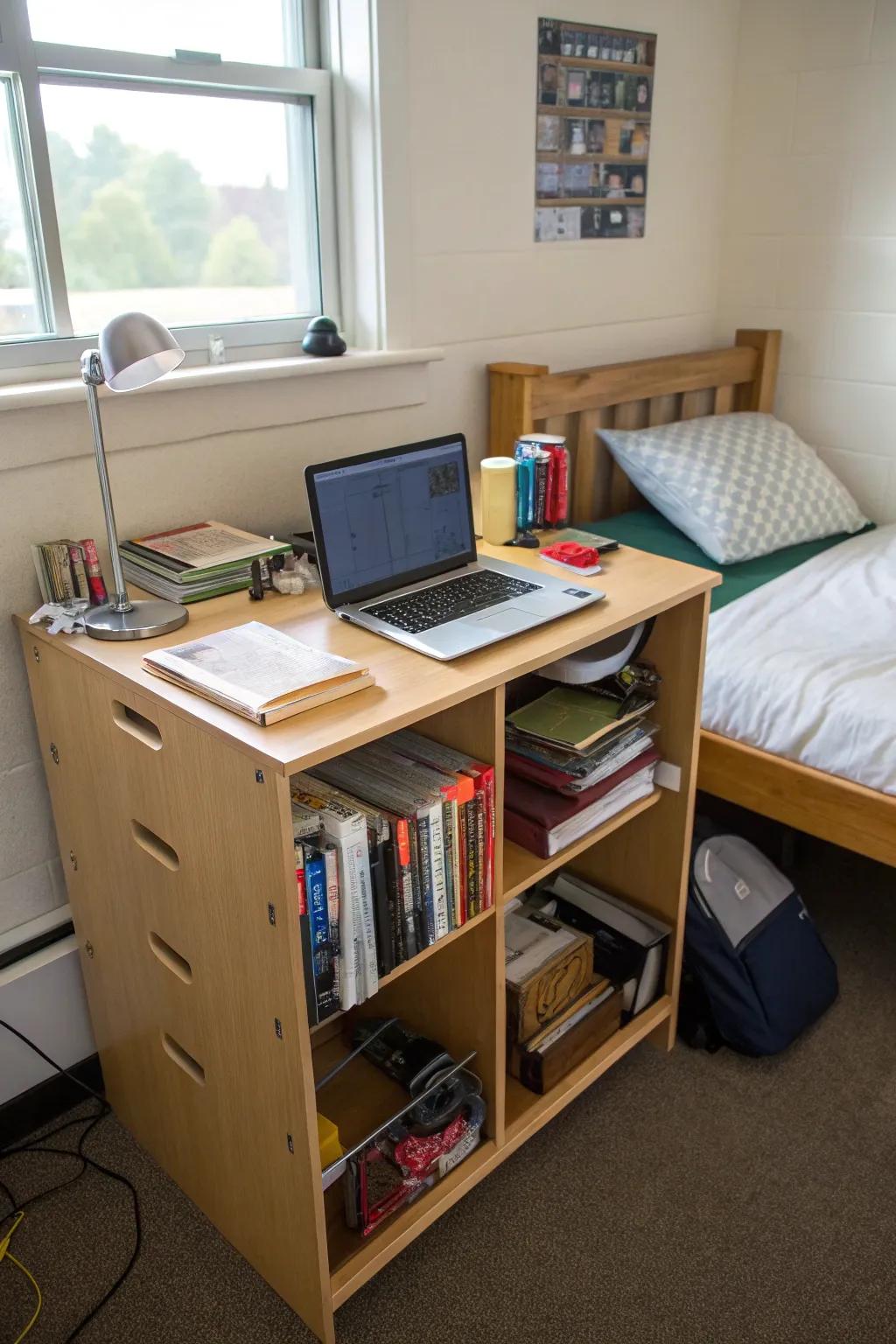 Compact desks conserve space while being functional.