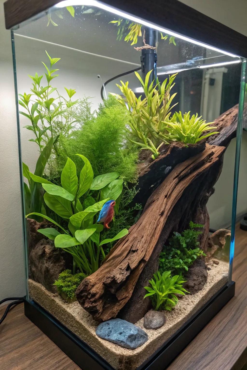 An artistic aquatic design transforms a betta tank into a living work of art.