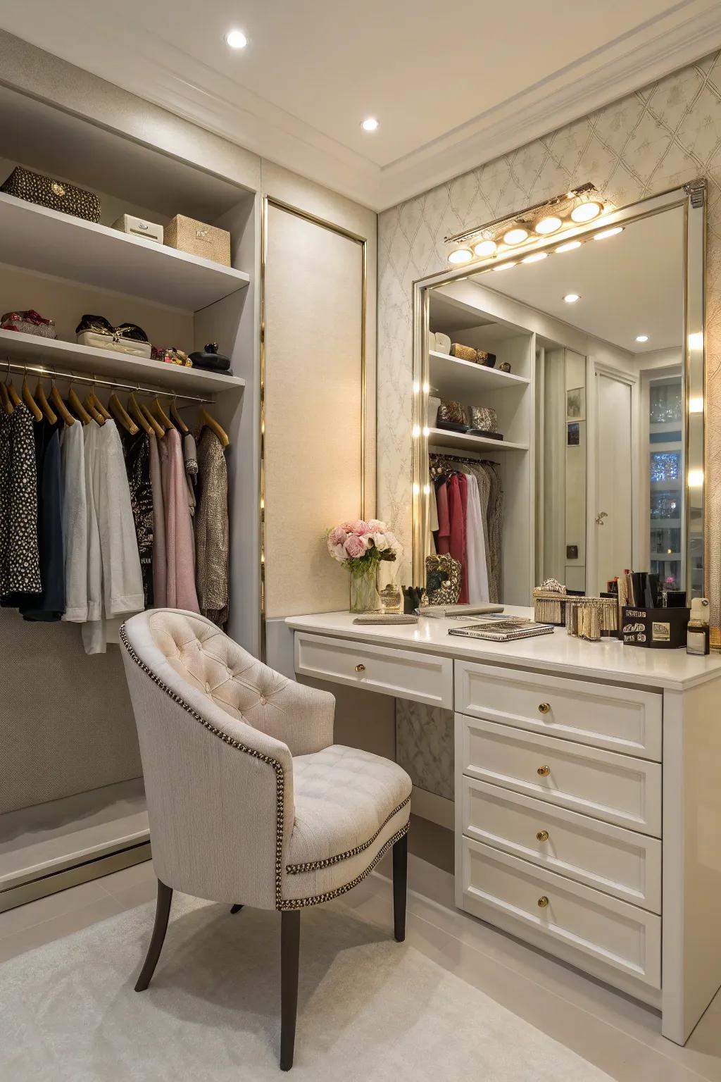 A closet featuring a stylish vanity area complete with a glass and refined seating.