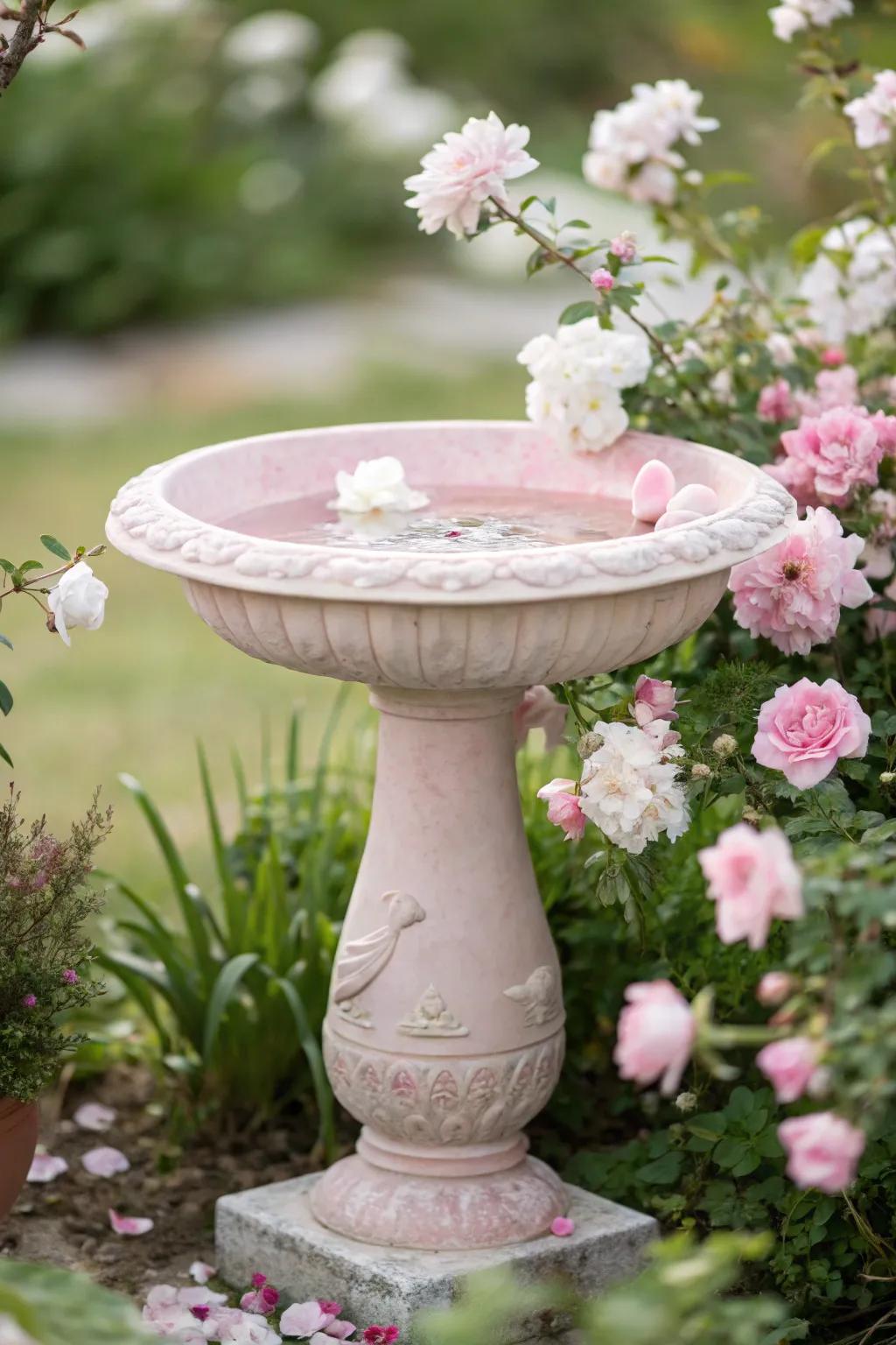 A pastel pink bird bath nestled among soft blooms, creating a tranquil retreat for birds.