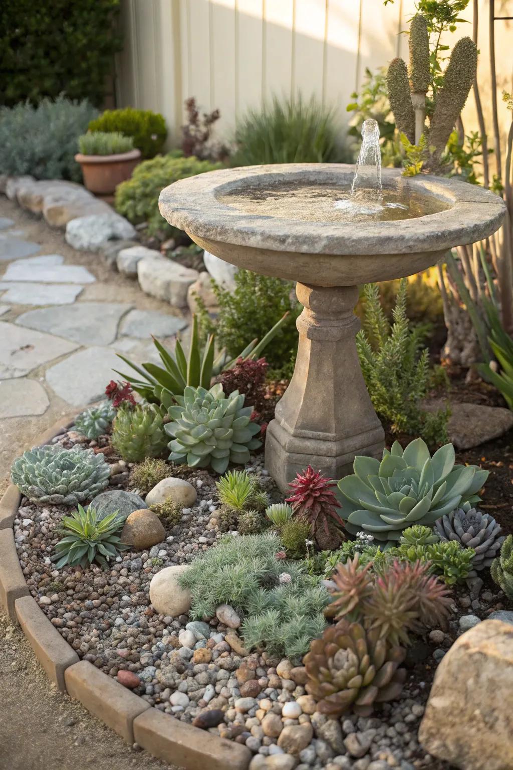 A bird bath adorned with fleshy foliage, bestowing a revitalizing, natural semblance.