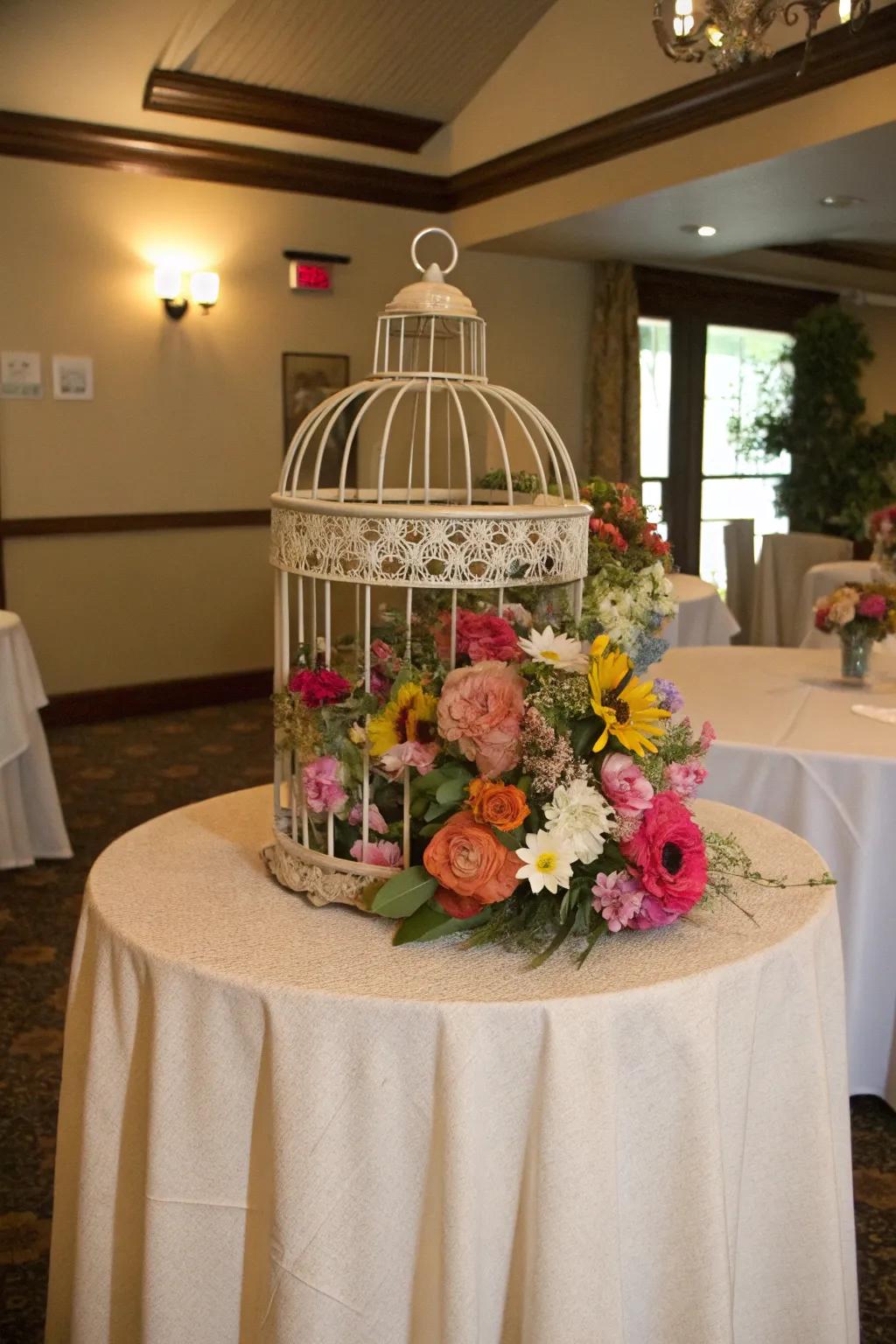 A bird cage centerpiece presenting vibrant blooms for a spirited sensation.