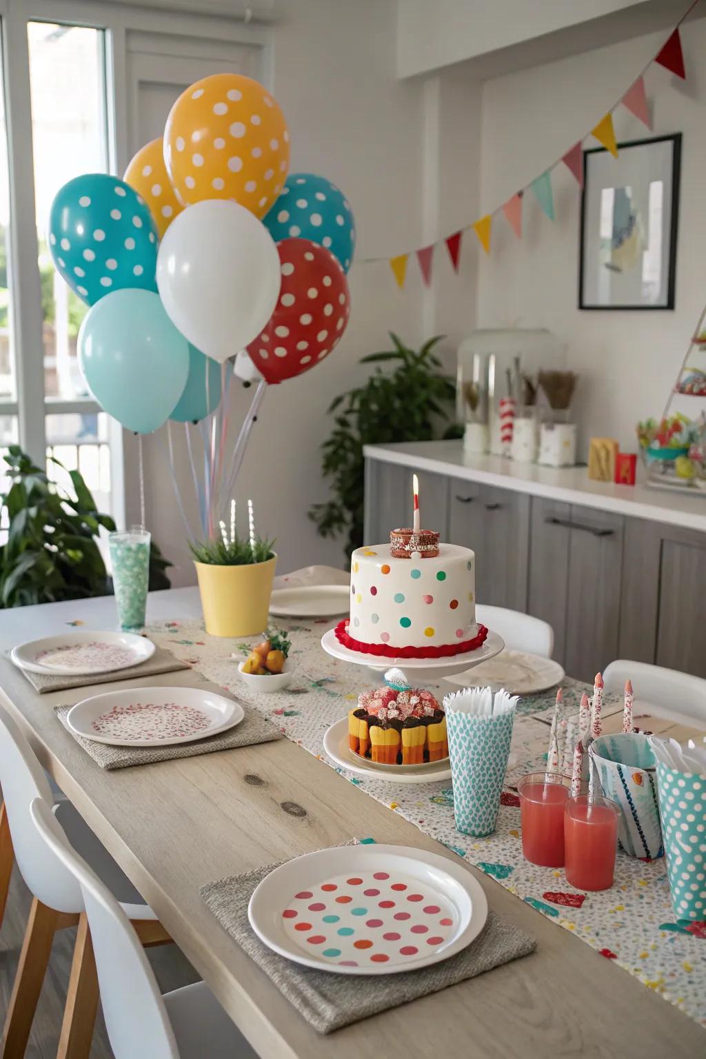Coordinated tableware establishes a unified party aesthetic.