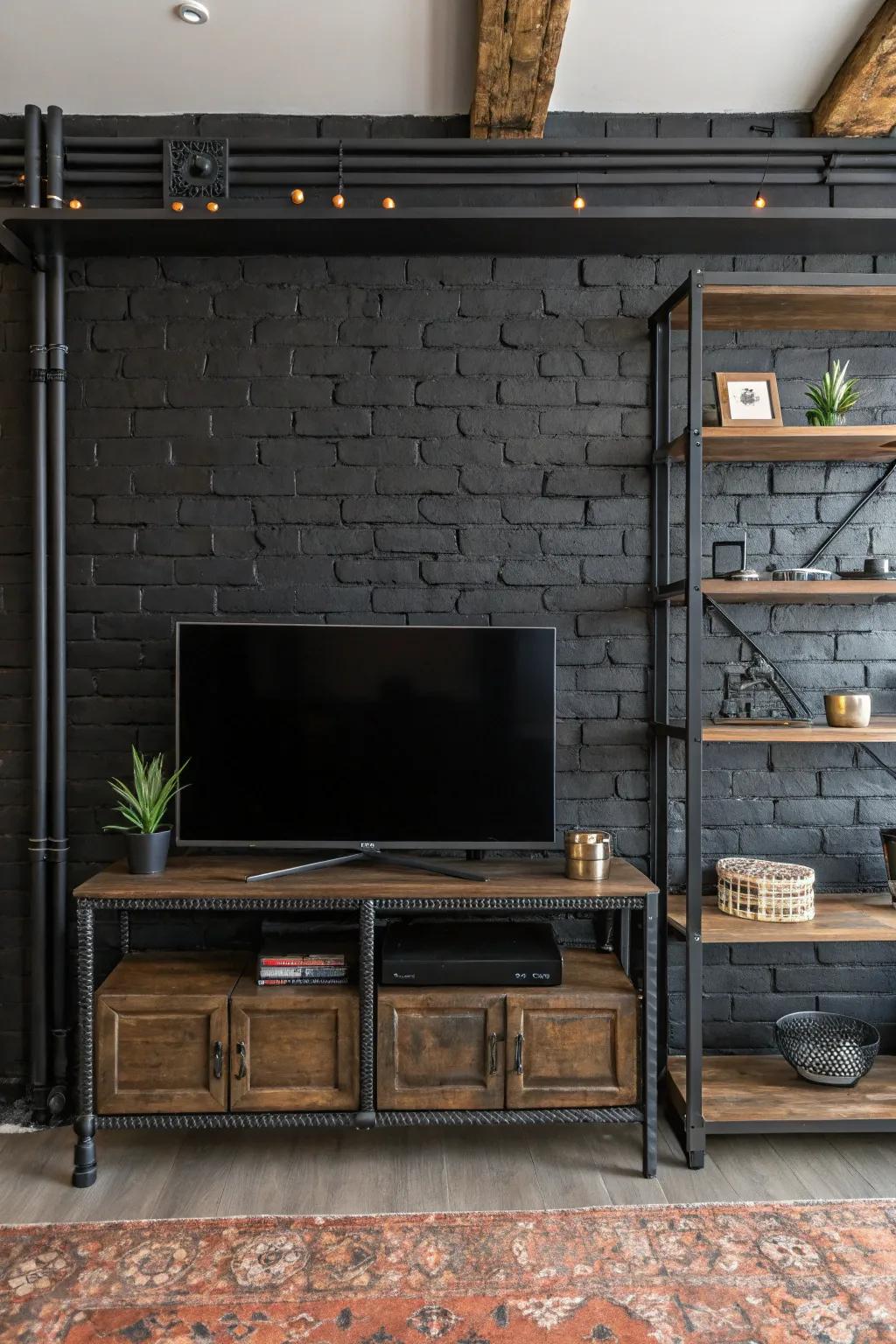 Factory-inspired components heighten the urban sentiment of a dark-toned statement wall.