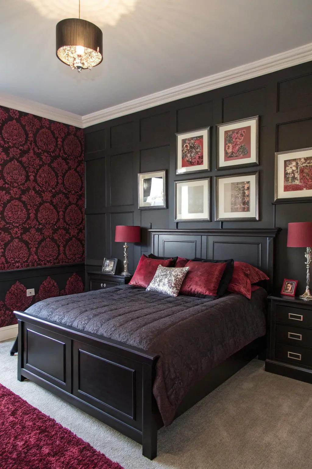 Wall decor with harmonizing tones unites your black and burgundy bedroom design.