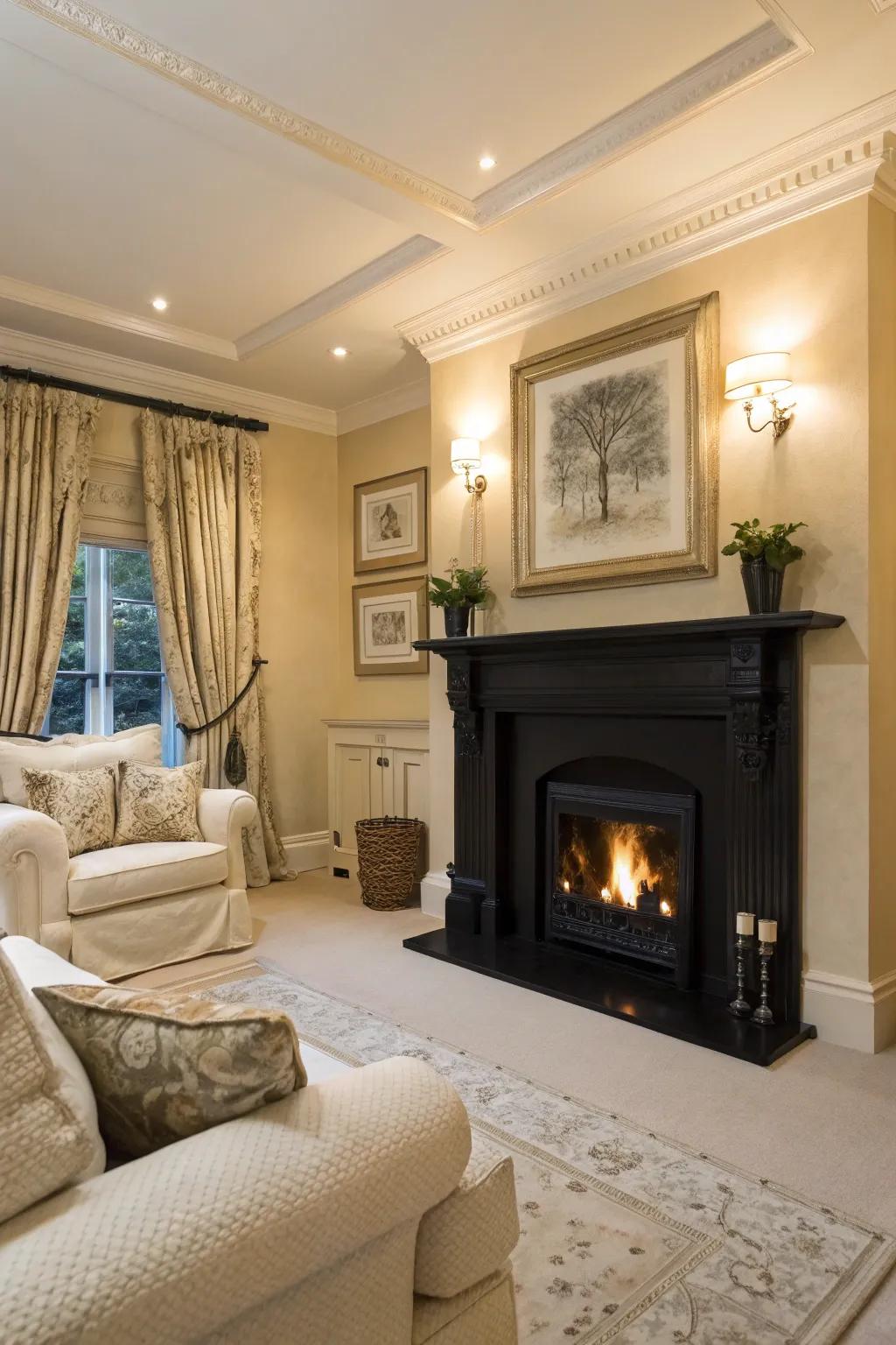 An ebony hearth frame serves as a theatrical center of attention in the living area.
