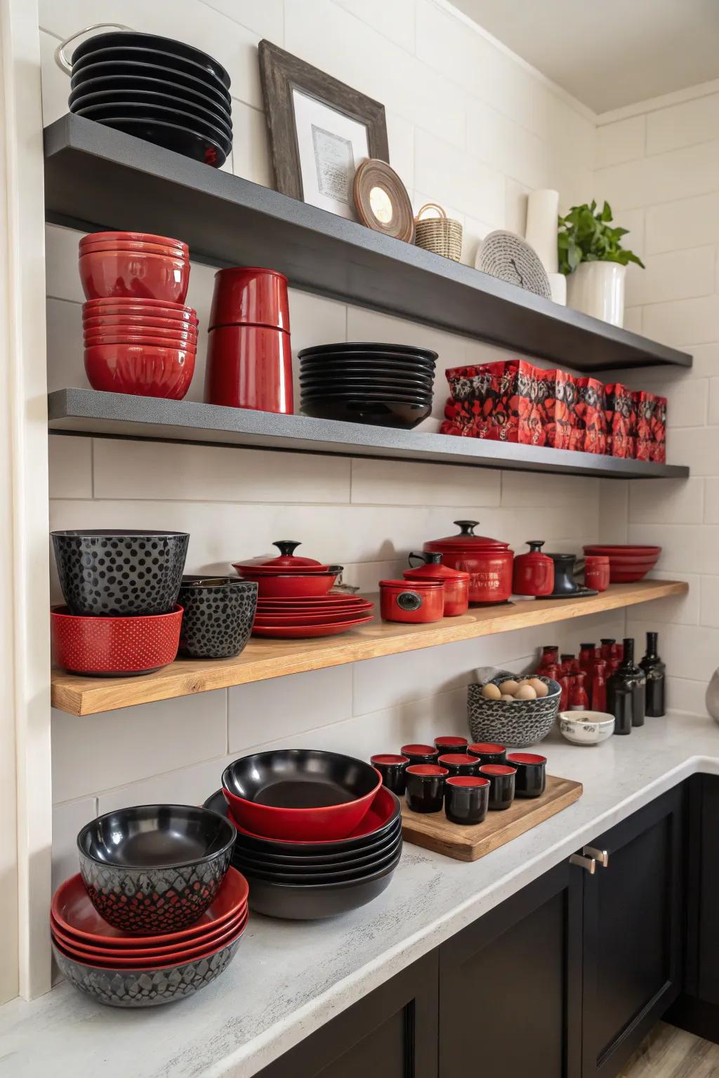 Unveiled shelving permits chic displays of ebony and scarlet articles.