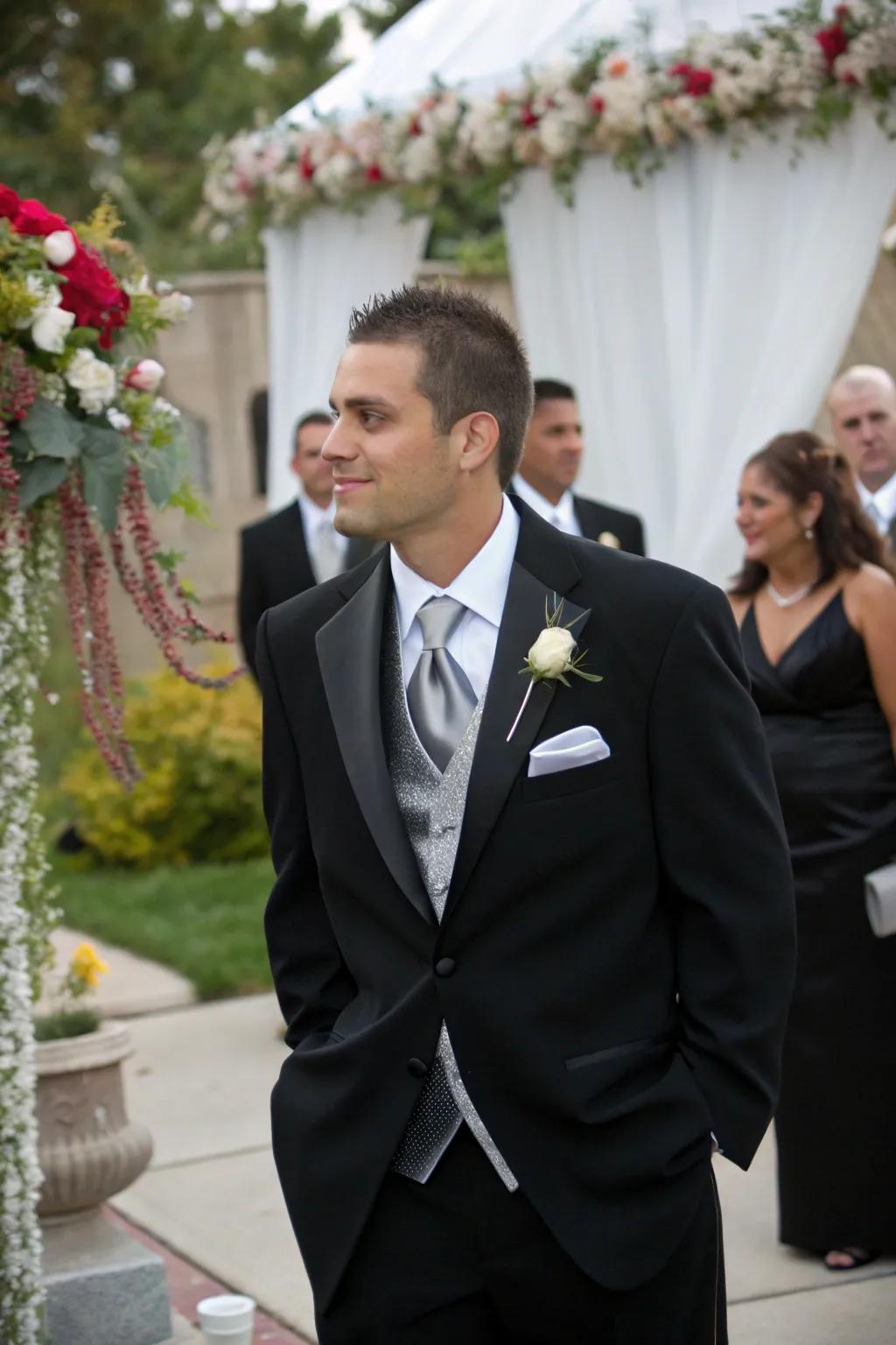 Stylish groom's attire in coal and shimmer.