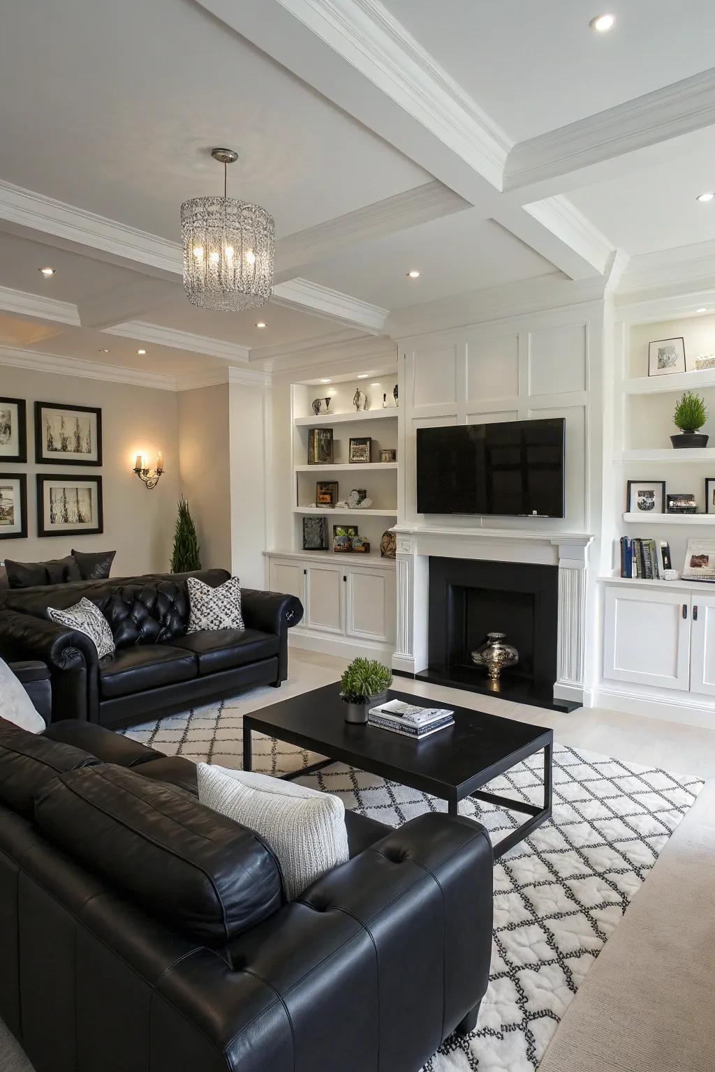 An unrestricted plan sitting room exhibiting the spaciousness of a dark and pale interior theme.