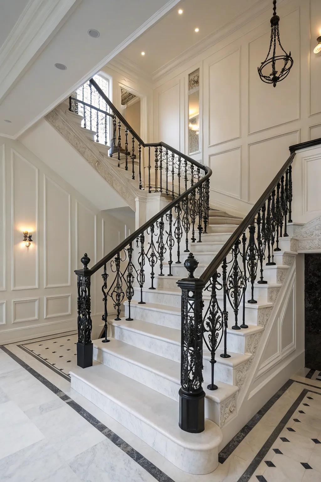 Dark uprights introduce a hint of drama to an otherwise simple light staircase.
