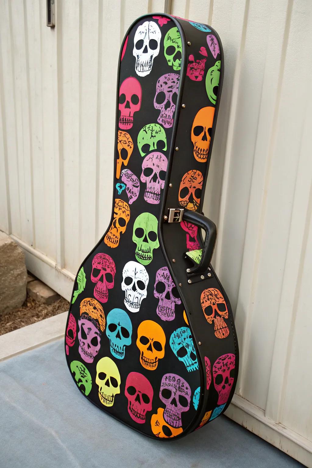 Bold skull decals adding personality to a guitar case.