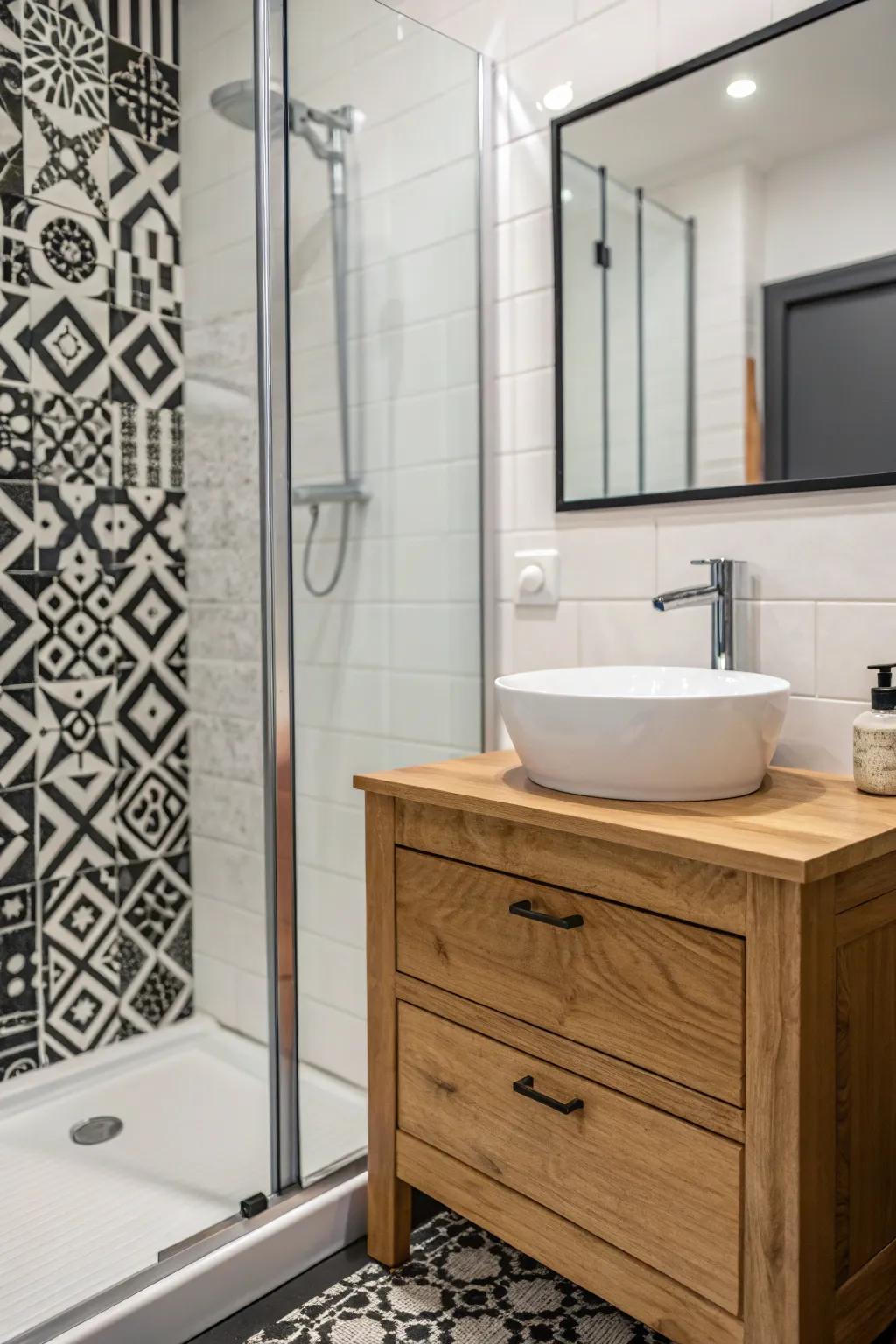 Wood highlights contribute warmth to the noir and blanc arrangement.