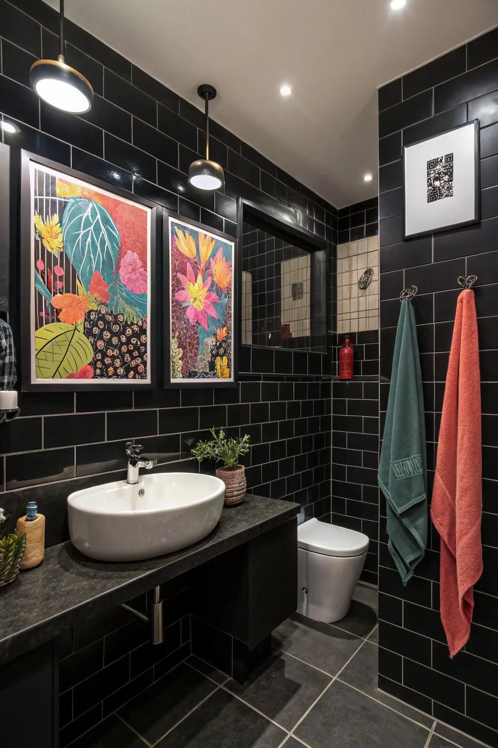 Striking artwork is beautifully highlighted against walls painted black.