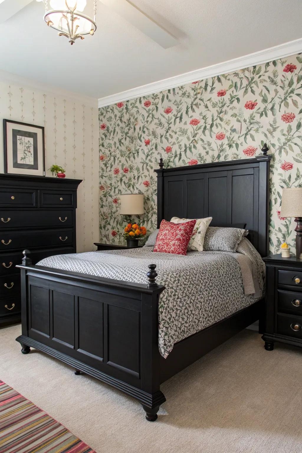 Themed wallpaper adds depth and character to this stylish bedroom.