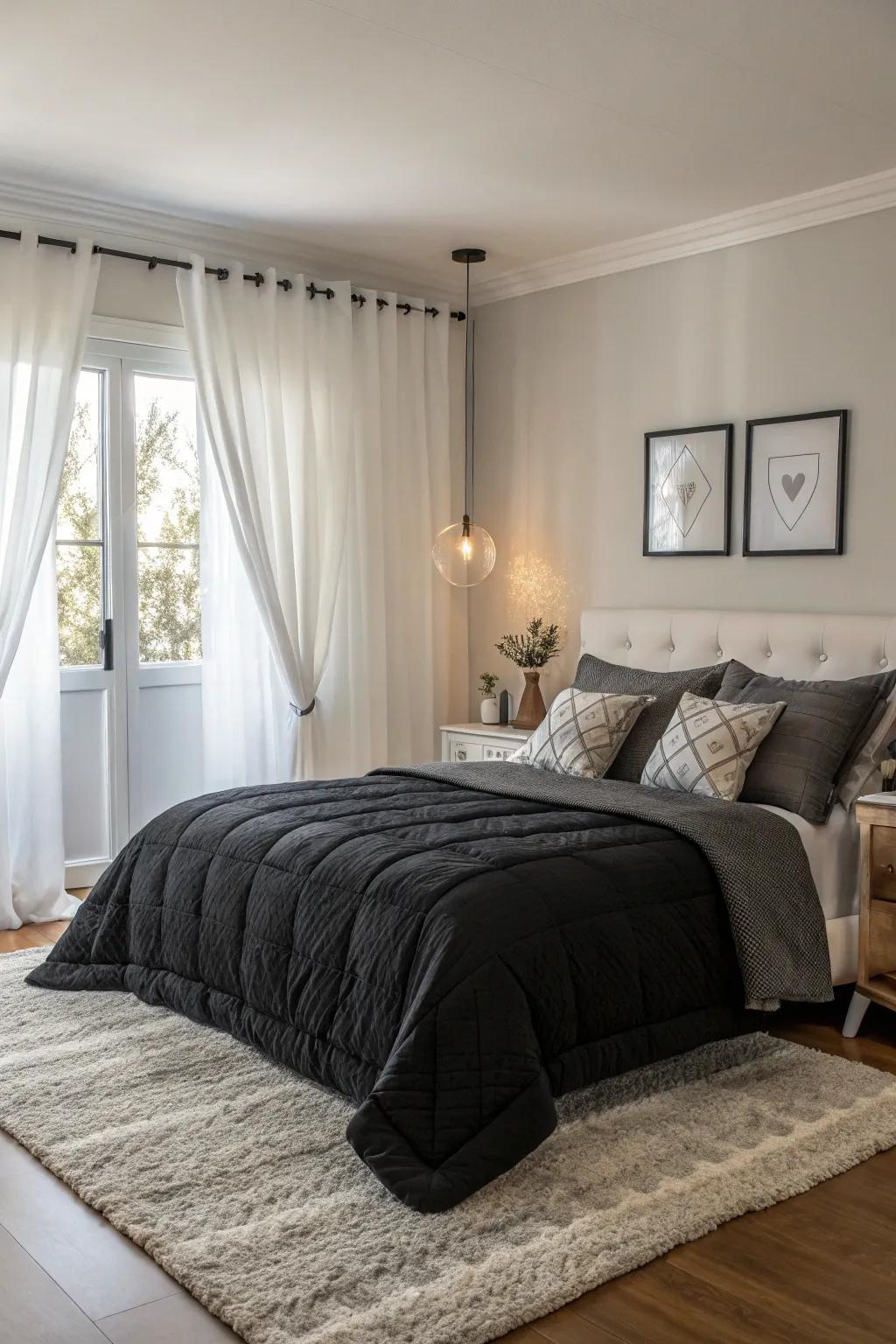 A monochromatic bedroom radiating sophistication and balance.
