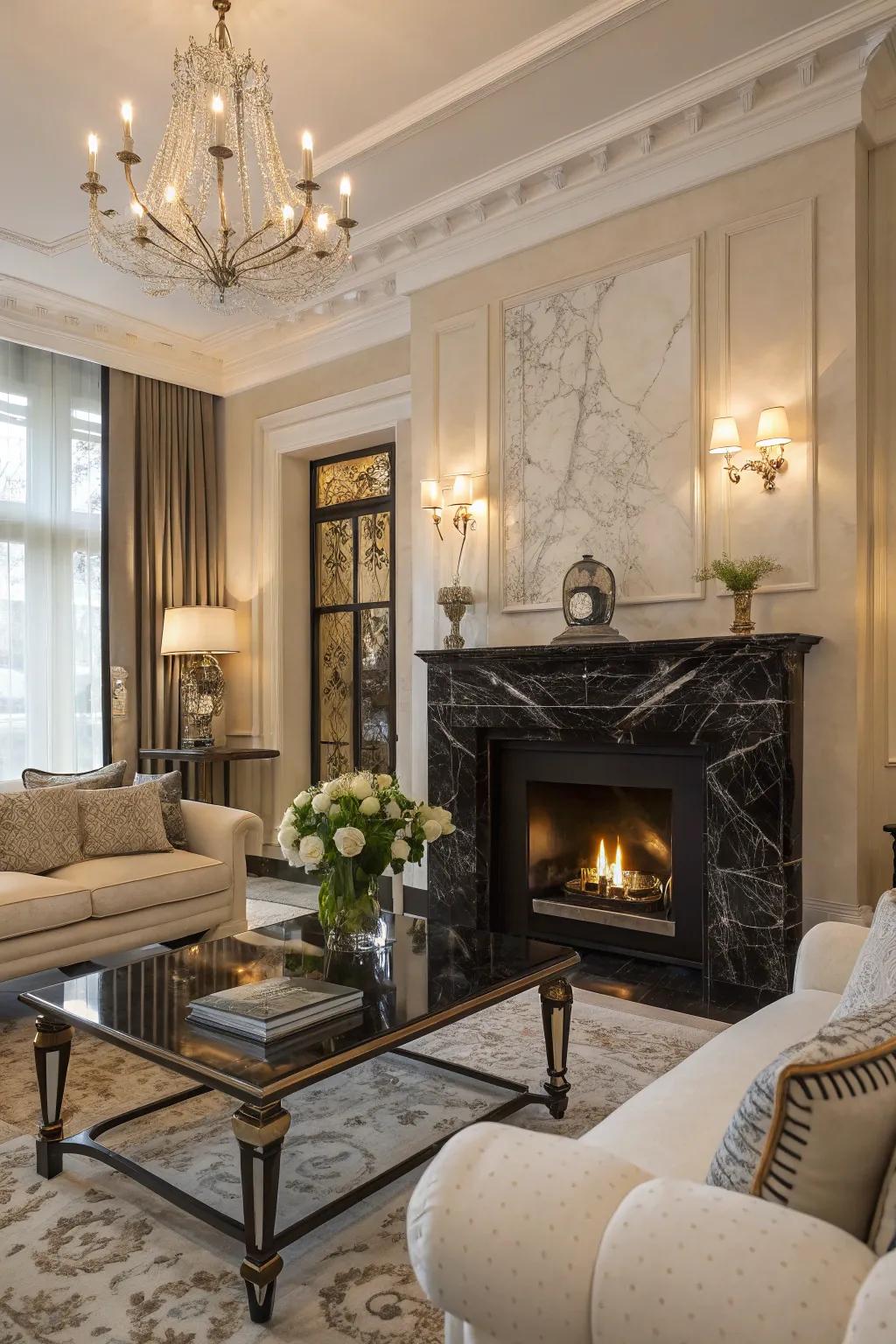 Intensify your decor through the ageless opulence of a dark marble hearth.