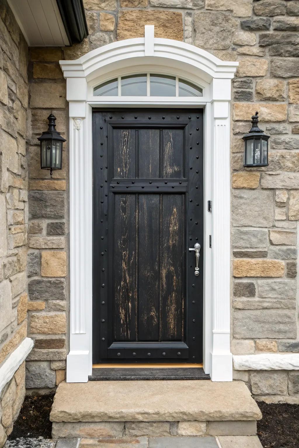 A countryside timber finish on a black door introduces warmth and charm to the entrance.