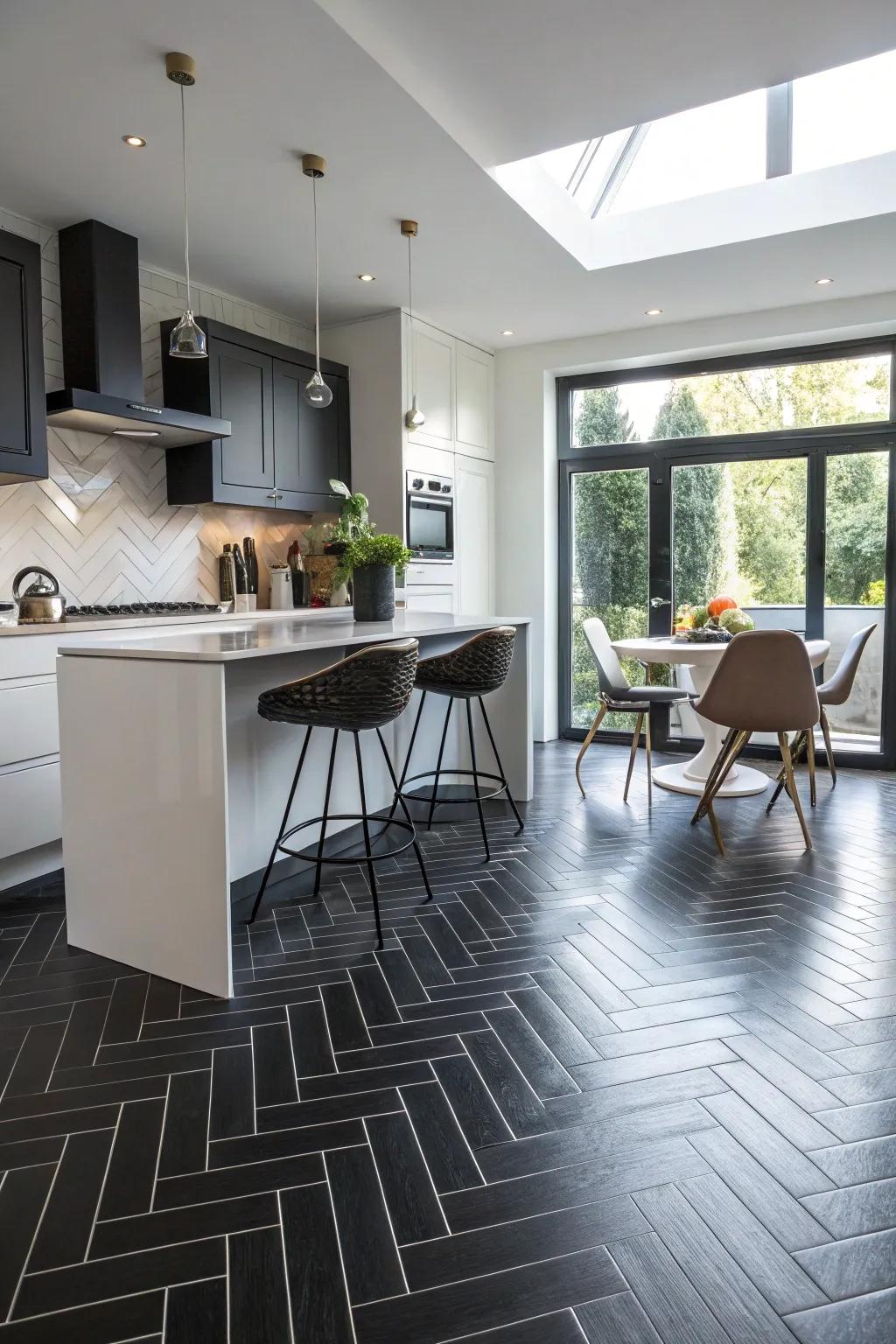 A kitchen featuring dark herringbone pattern floor tiles for added visual interest.