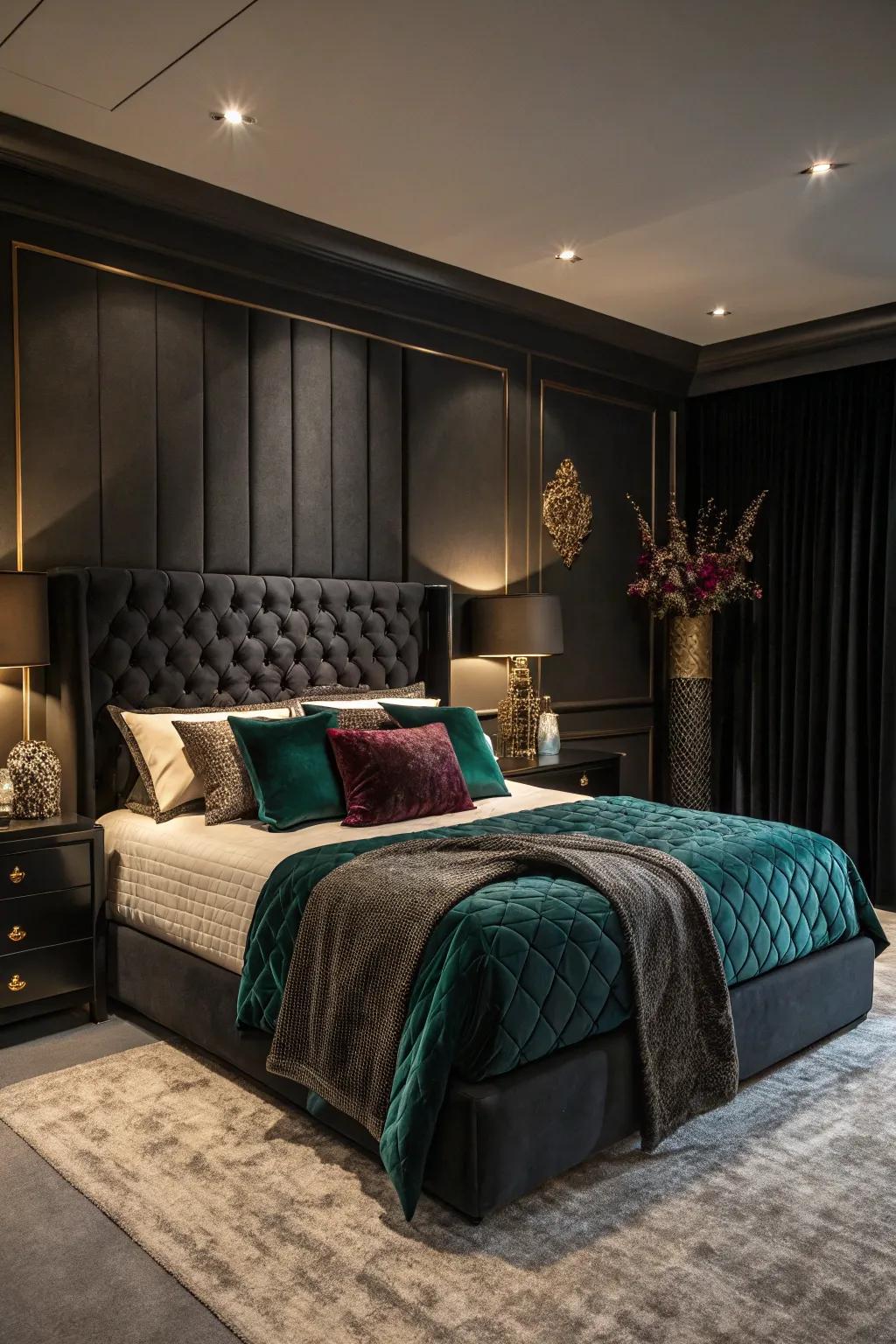 Gemstone tones infuse richness into a shadowy bedroom.
