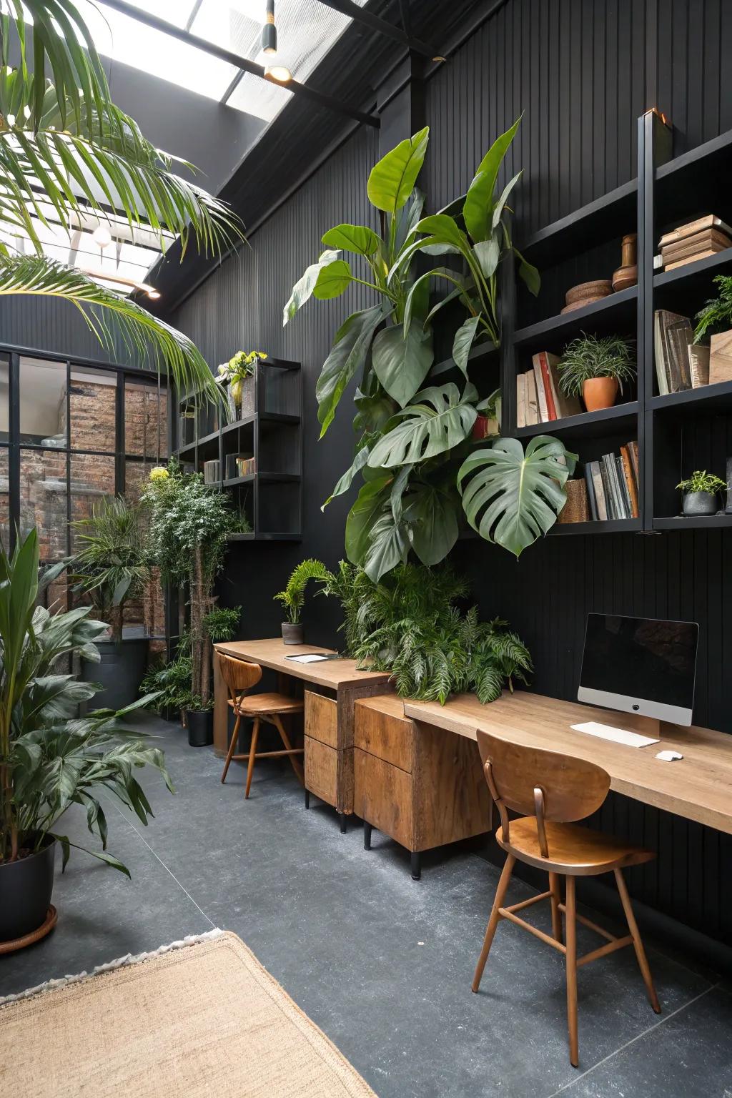 Nature’s elements bring warmth and life into a dark office space.