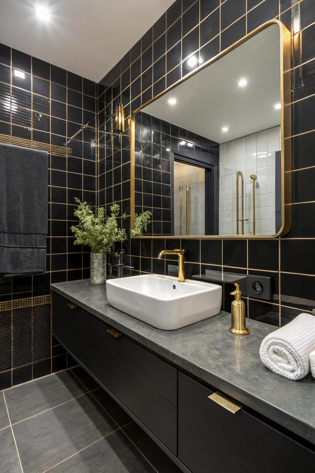 Golden fittings incorporate a luxurious accent to the dark-tiled bathroom.