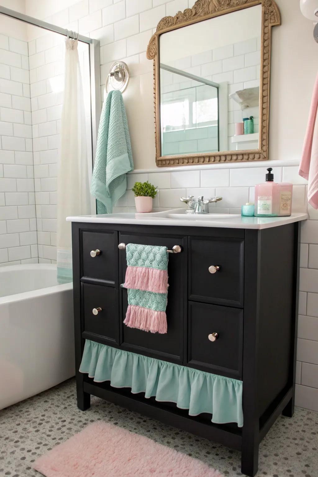 Pastel features instill a sense of lightness and whimsy into a dark washstand bathroom.