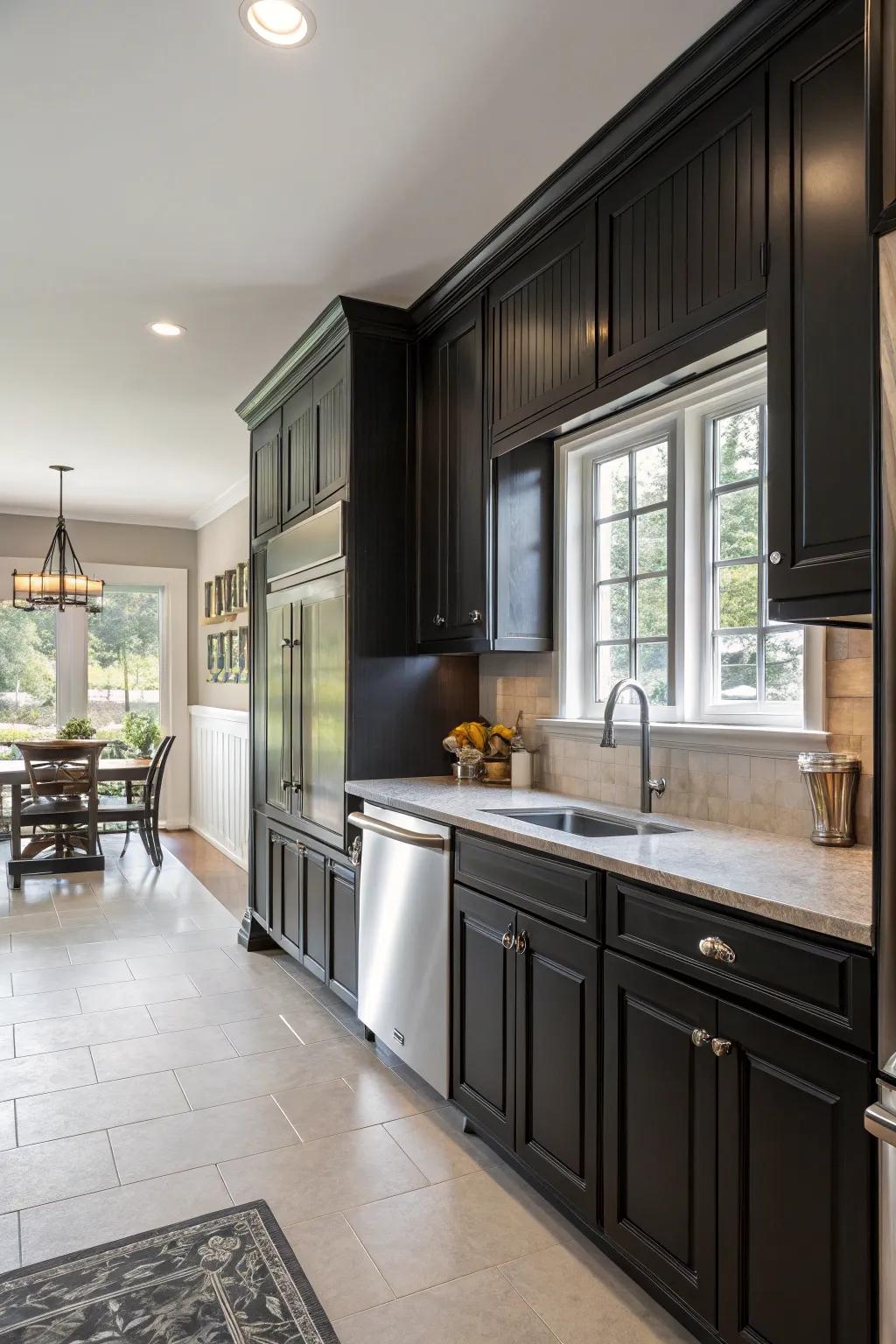 Sophisticated kitchen with dark-toned wood panels.