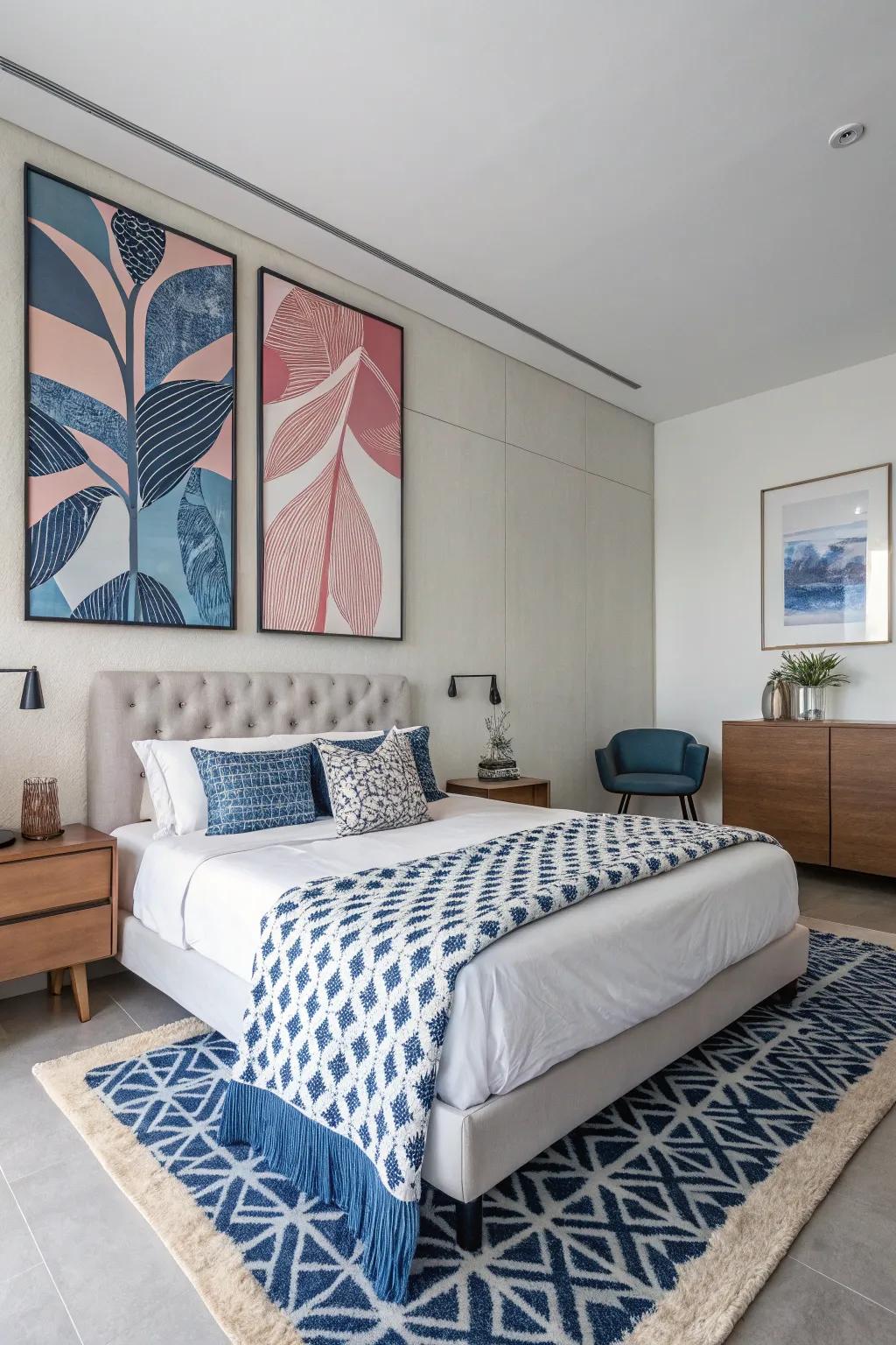 Artwork in blue and rose functions as a vibrant centerpiece.