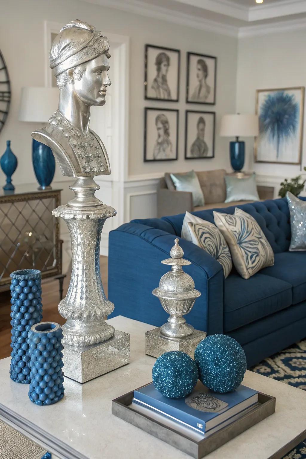 Silver sculptures introduce a chic centerpiece to this fashionable blue living room.