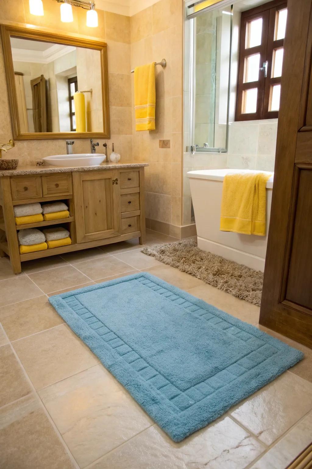 A cornflower rug adds comfort and ties together the bathroom's color scheme.