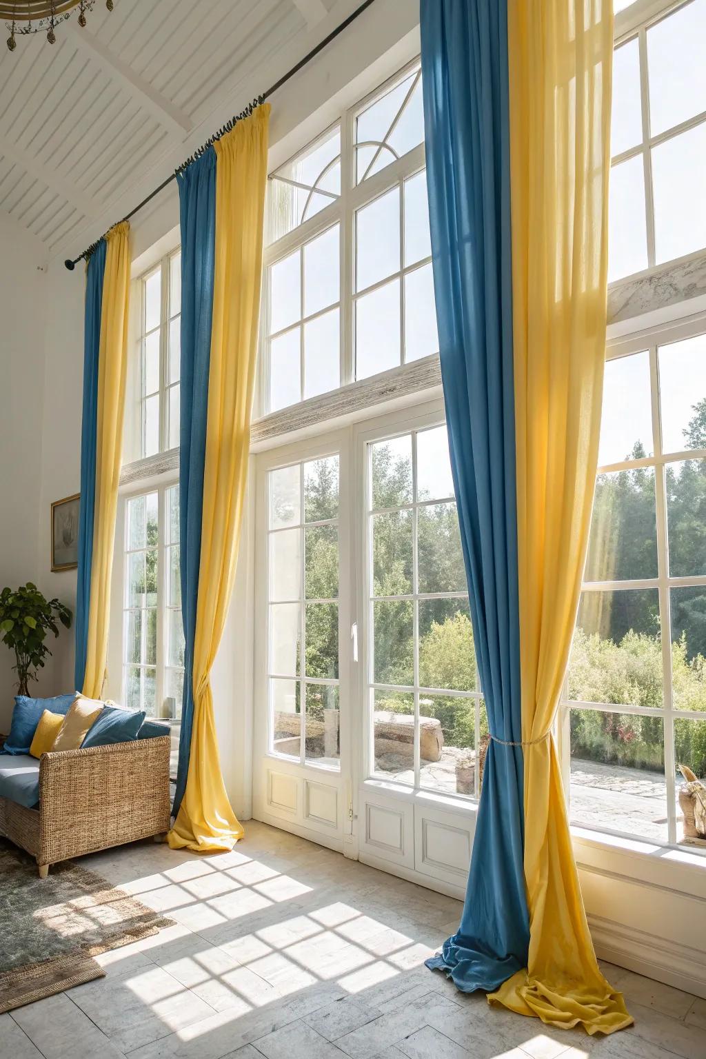 Windows fitted with cerulean and golden drapes to brighten the space.