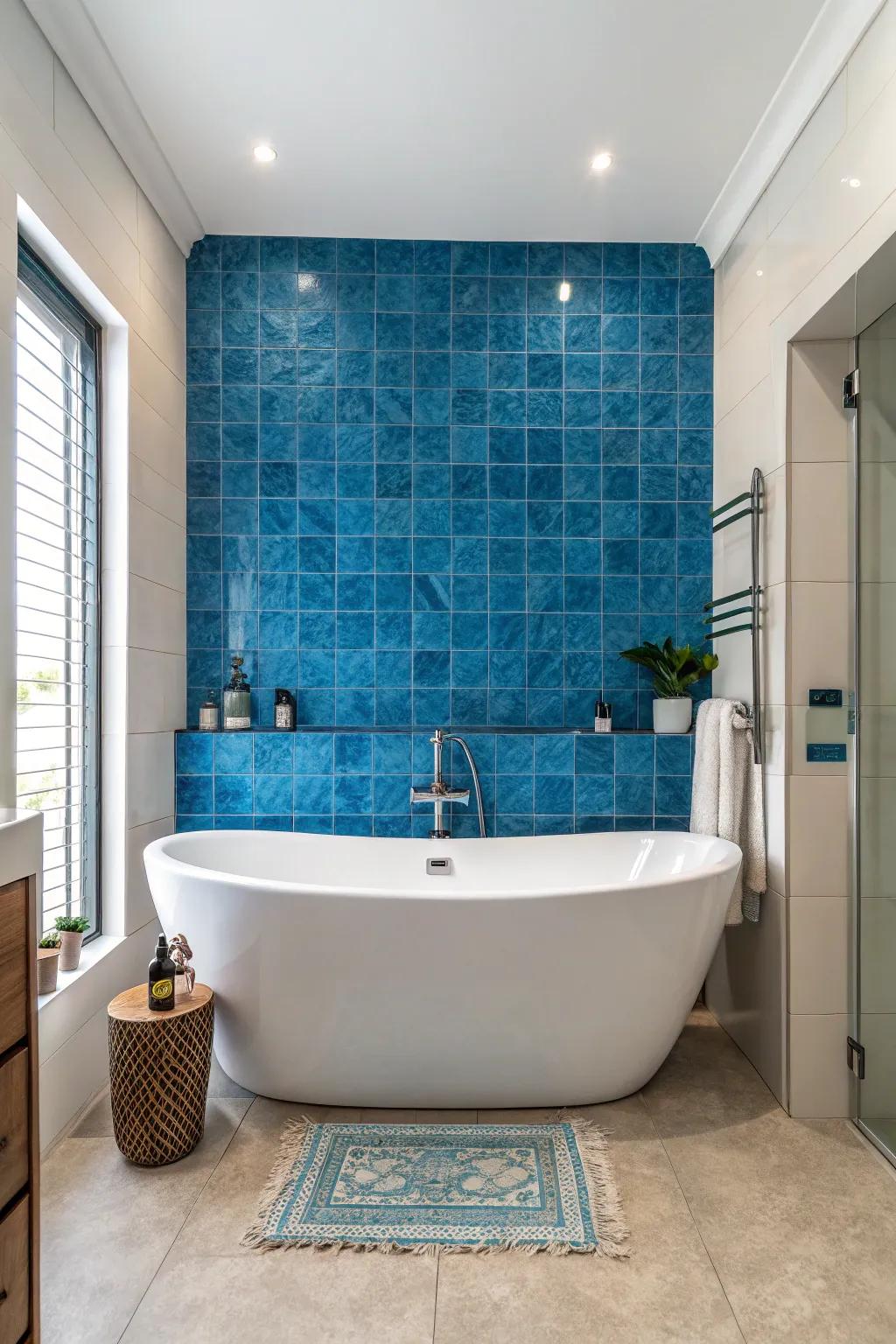 A striking blue accent wall forms a captivating focal point.