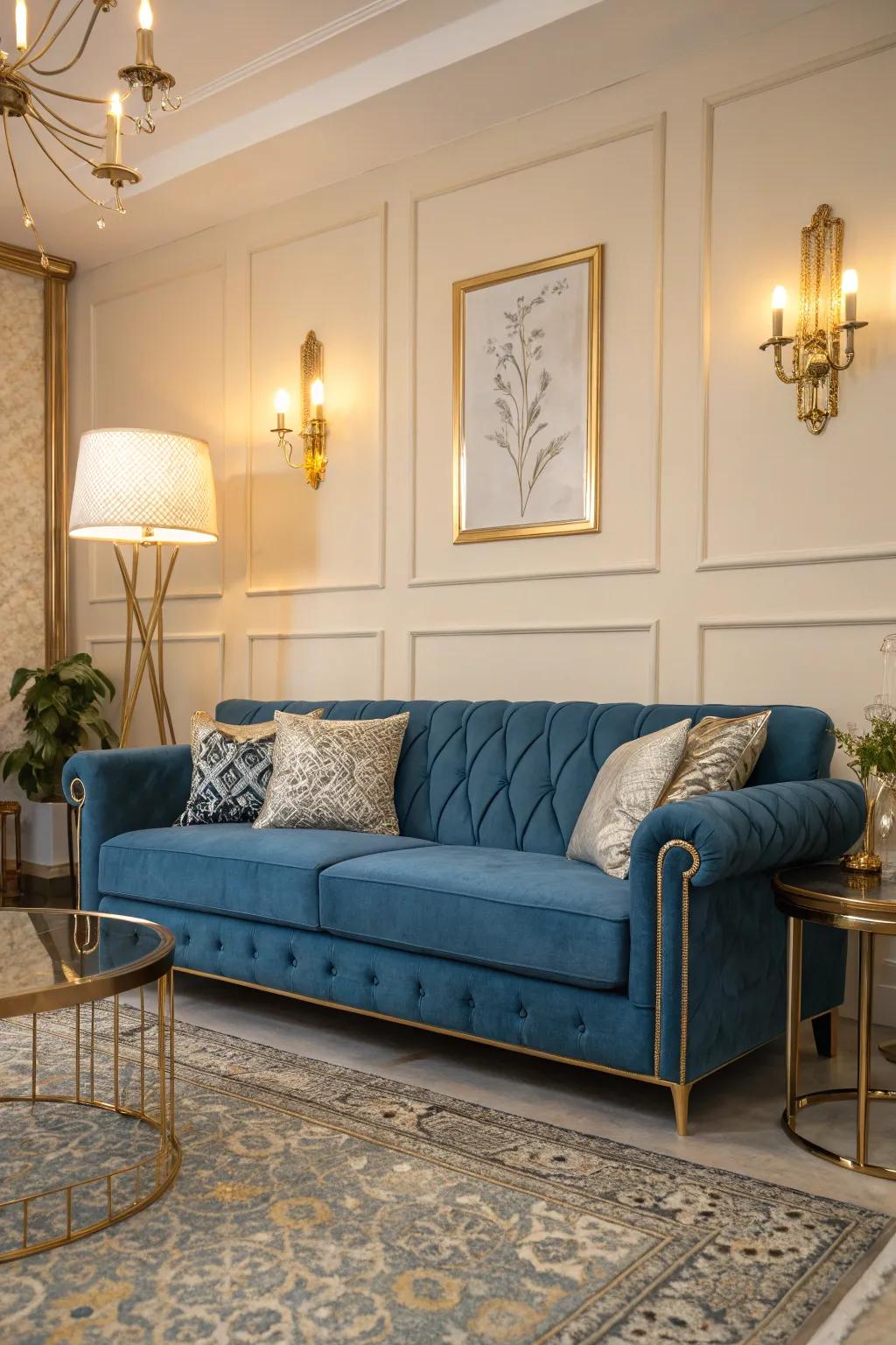 Metallic accents impart a luxurious touch to a cerulean settee arrangement.