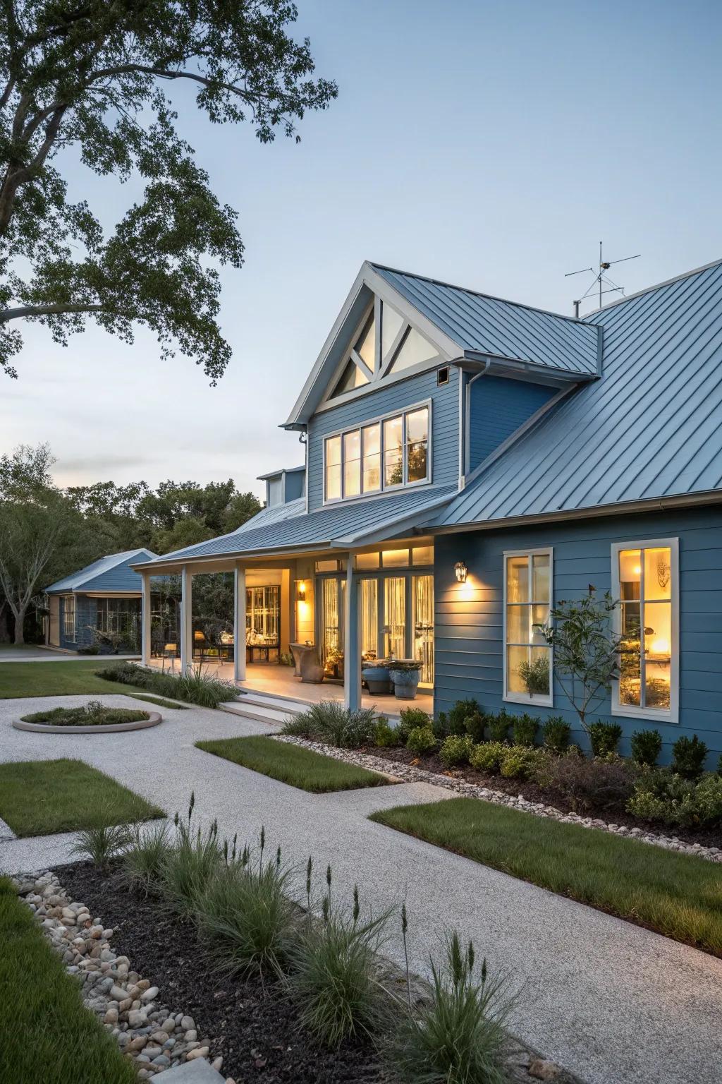 Metallic roofing introduces a polished touch to contemporary blue residences.