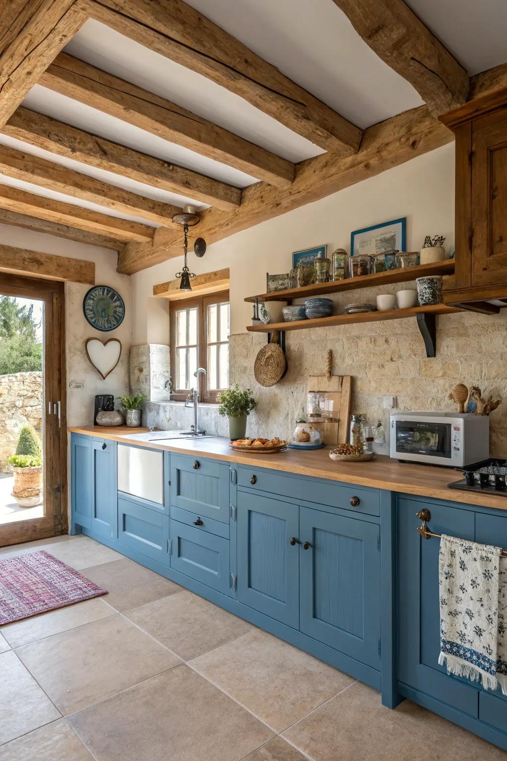 Azure cabinetry matched with timber features offers a country charm that's both warm and inviting.