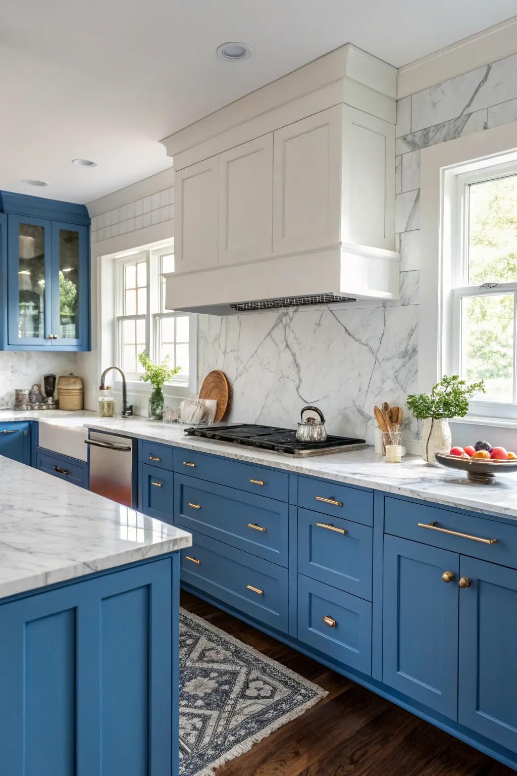 Refinement redefined with azure cabinets and stone counters.
