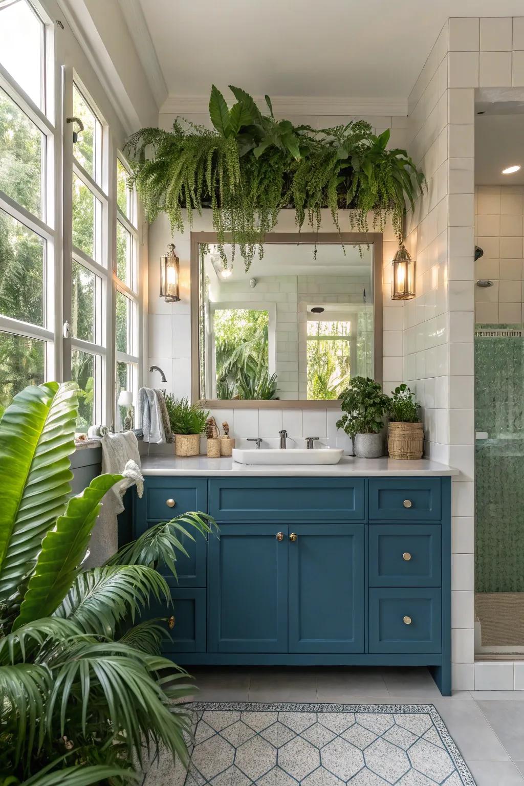 Verdure elevates the soothing ambiance of a blue vanity.