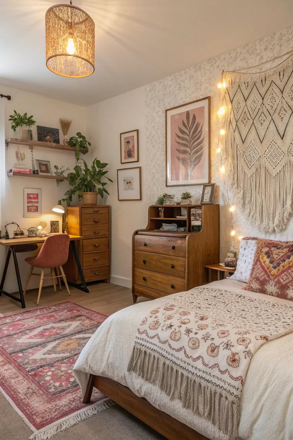 A blend of modern and vintage aesthetics introduces personality to boho decor.