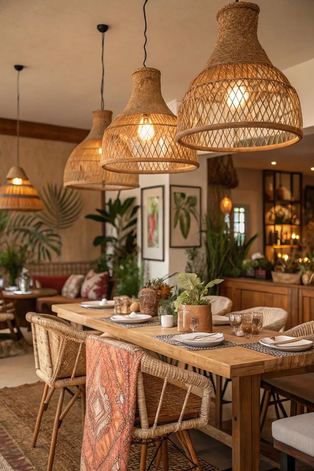 Natural hanging illumination enriching a boho dining space.