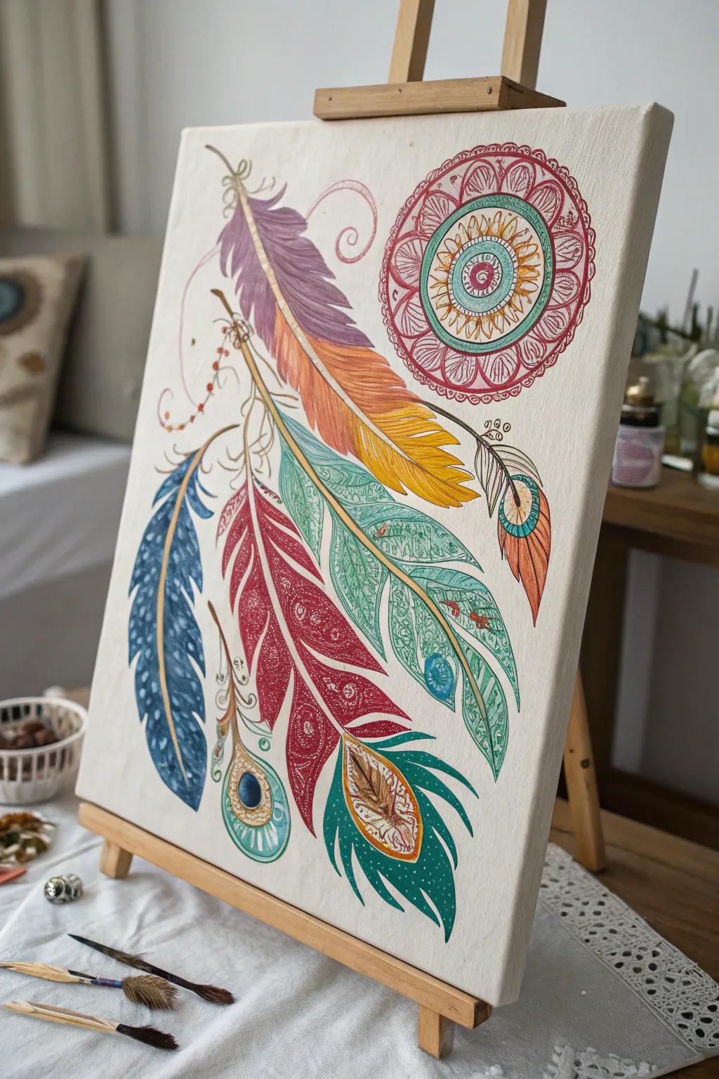 A bohemian painting that captures the delicate beauty and symbolism of feathers.
